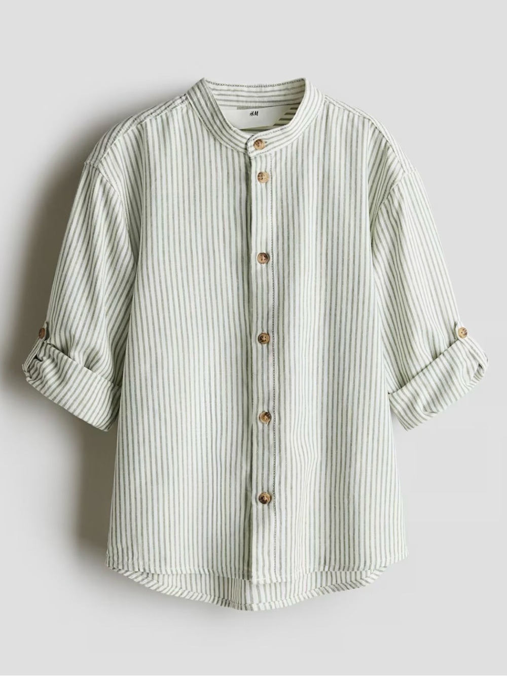 H&M Light Sage and White Striped Band Collar Shirt